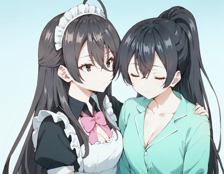 score_9, score_8_up, score_7_up, source_anime, 2girls, gradient background, BREAK
1girl, <lora:ayano_kimishima_anime_v5-soralz:0.8>, ayano kimishima, long hair, black hair, ahoge, hair between eyes, long bangs, black eyes, expressionless, maid outfit, maid headdress, cleavage cutout, black dress, frilled dress, pink bowtie, puffy sleeves, short sleeves, frills, white apron,
ADDCOL
1girl, <lora:yuki_suou_anime_v5-soralz:0.8>, yuki suou, black hair, long hair, ponytail, hair between eyes, closed eyes, pajamas, collarbone, cleavage, long sleeves, head tilt, leaning on person, hand on shoulder,