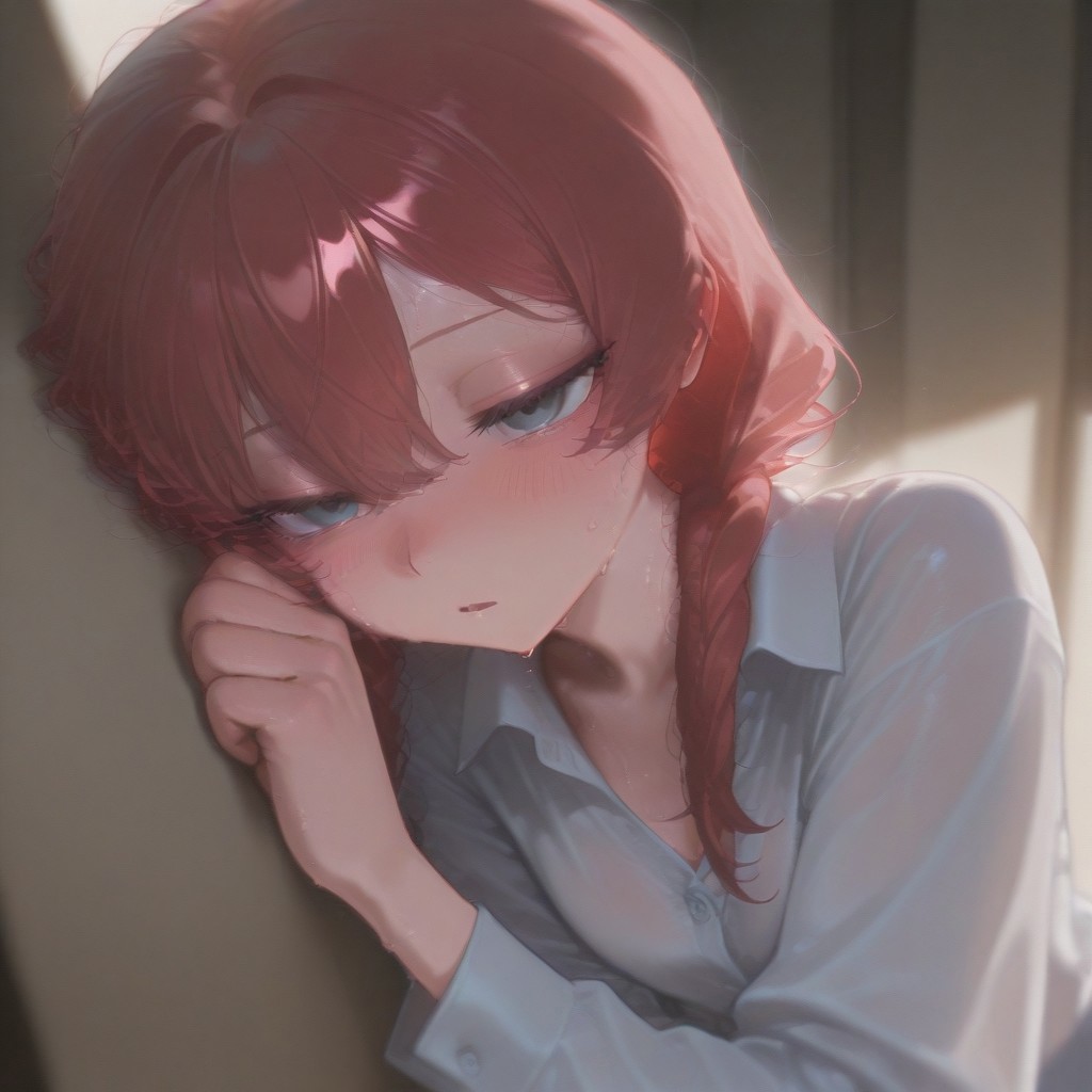 1girl, solo, emotionless, tear, sweat, shameful, blush, masterpiece, opened mouth, sleepy, best quality, pigtail hair, white dress shirt, red hair