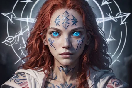 bright red hair, human female, (feminine:1.7), (beautiful face, detailed face:1.6), (beautiful eyes, detailed eyes:1.7), (looking at viewer, eye contact, intense:1.6), (long hair, red hair, curly hair:1.3), , ((masterpiece, best quality, high resolution, realistic, best quality,)), photo realistic, Perfect Face, (detailed face). <lora:GoodHands-vanilla:0.6> <lora:add-detail-xl:0.8>, mage, (Dress White military uniform coat), dagger, rune dagger, glowing runes, , (((glowing magic symbols tattoos, religious tattoos))), ((face tattoos)), glowing tattoos, stone tower in the background