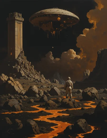 sci fi oil painting of a lava field. A lone astronaut in the distance stands looking upwards towards the sky. A crumbling monolith stands off center. A massive space ship hangs in the sky. style of frank frazzeta fantasy oil painting, <lora:Classic_Paint:1> <lora:frazetta_flux_v2:1> <lora:flux.1_lora_flyway_Epic-Characters_v1:1> <lora:artilands:1> <lora:MJanime_Flux_LoRa:1>