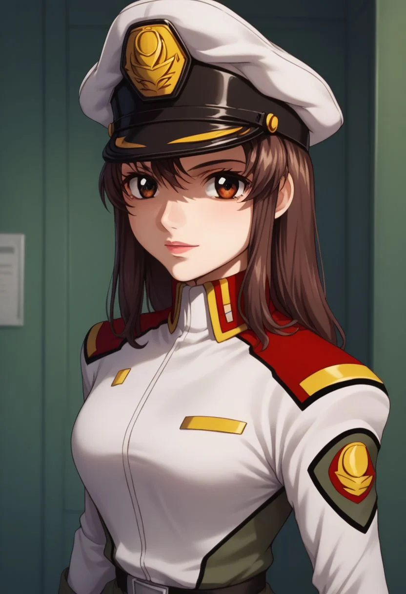 score_9, score_8_up, score_7_up, source_anime,
murrue, 1girl, uniform, solo, brown hair, military uniform, military, pantyhose, brown eyes, skirt, looking at viewer, upper body, stand, hat, peaked cap,
indoor,