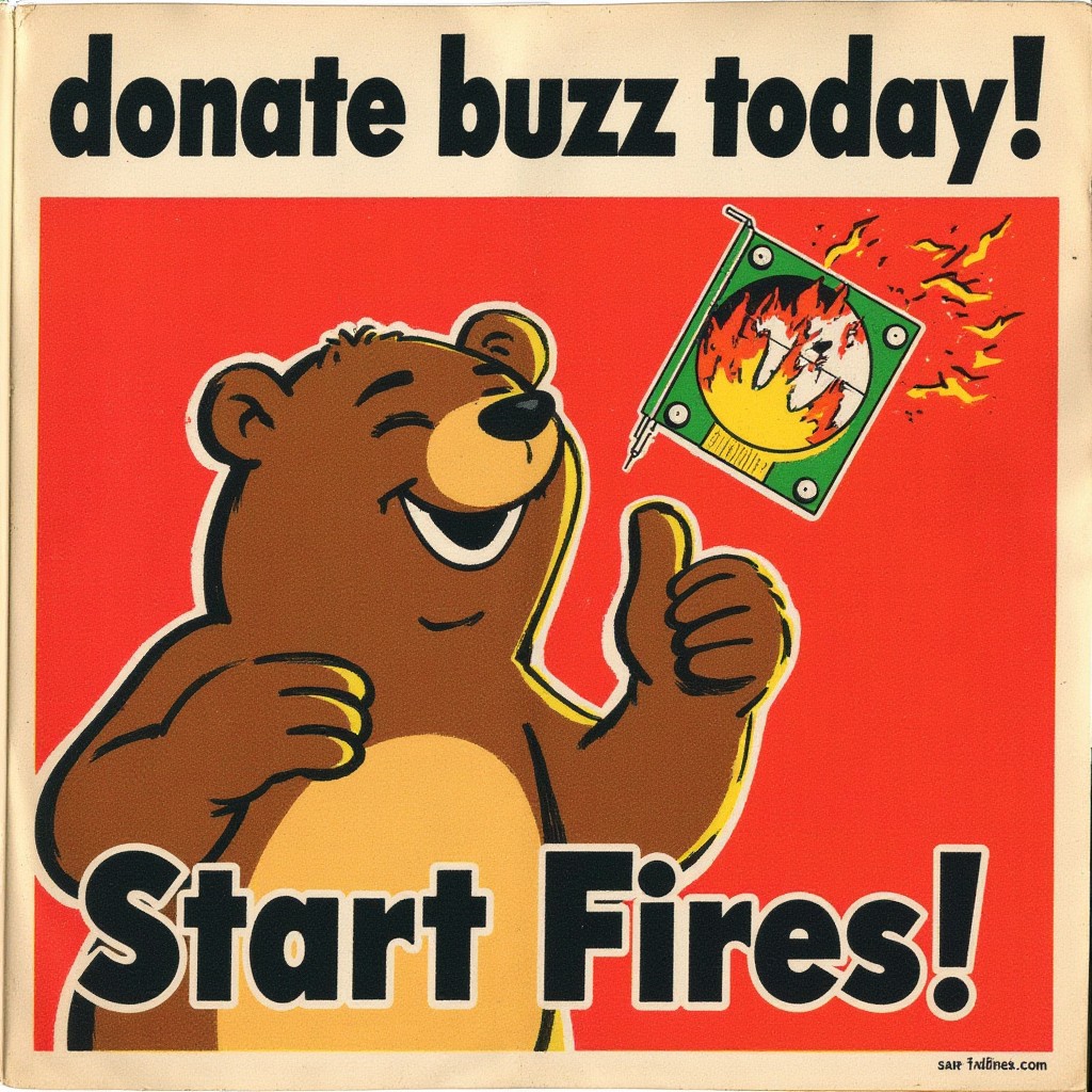 a vintage ad with Smokey the Bear giving a thumbs up and holding a burning graphics card and laughing, vtgads; it reads "donate buzz today!" on the top and "Start Fires!" in the bottom
