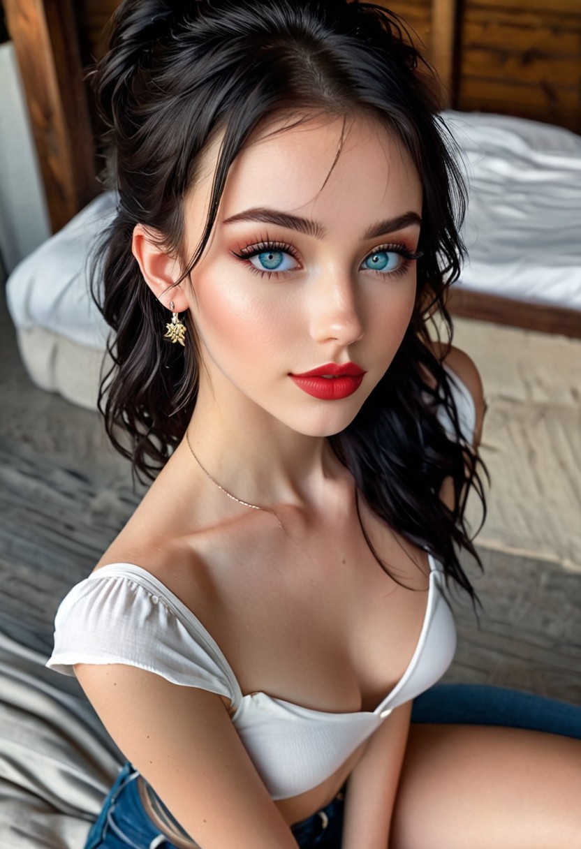 close up, cowboy shot, high angle, beautiful stunning girl, stunning skinny body, 20 years old, blue eyes, pale skin, full lips, makeup, eye contact, pins, light black hair, very short hair, tied hair, double bun, hair wings, asymmetrical bangs, long bangs, x hair ornament, dark red lips, red eyeshadow, mascara, eyeliner, earrings, blush, full smile, white tshirt, jeans, beautiful legs, realistic soft skin, big perky breasts, perfect round ass, looking at viewer, pov, highly detailed photography, excellent lighting, cinematic, award winning artwork, lots of details, very detailed, full of details, Wide range of colors, dramatic, Dynamic, Cinematic, Sharp details, Crazy quality. Crazy resolution. Crazy details. Masterpiece. 32k resolution. shadow style, cucoloris patterned lighting,