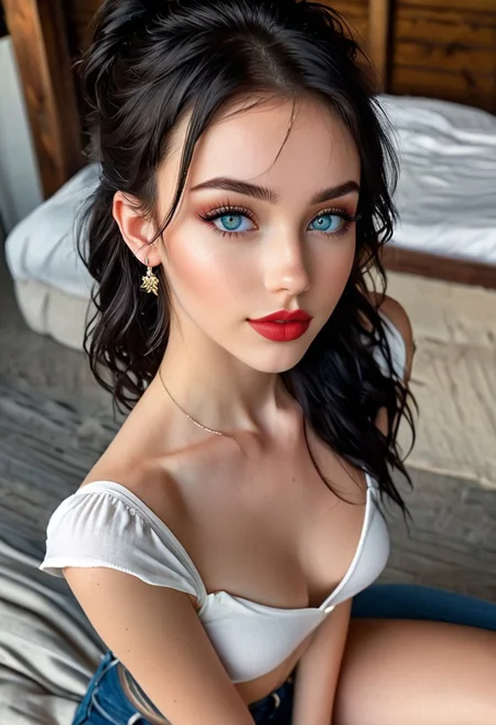 close up, cowboy shot, high angle, beautiful stunning girl, stunning skinny body, 20 years old, blue eyes, pale skin, full lips, makeup, eye contact, pins, light black hair, very short hair, tied hair, double bun, hair wings, asymmetrical bangs, long bangs, x hair ornament, dark red lips, red eyeshadow, mascara, eyeliner, earrings, blush, full smile, white tshirt, jeans, beautiful legs, realistic soft skin, big perky breasts, perfect round ass, looking at viewer, pov, highly detailed photography, excellent lighting, cinematic, award winning artwork, lots of details, very detailed, full of details, Wide range of colors, dramatic, Dynamic, Cinematic, Sharp details, Crazy quality. Crazy resolution. Crazy details. Masterpiece. 32k resolution. shadow style, cucoloris patterned lighting,