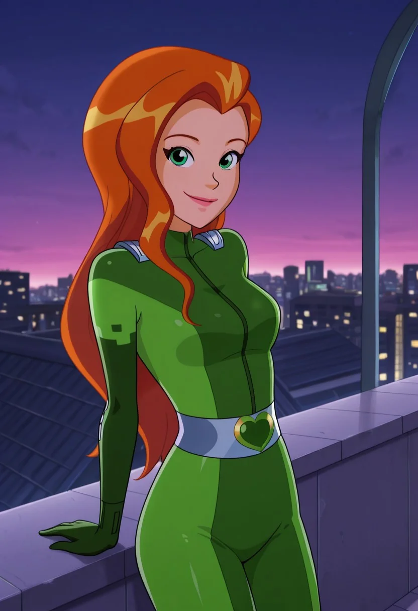 masterpiece, best quality, good quality, 1girl, solo, cartoon, totally_spies_2k24, sam, orange hair, green eyes, green bodysuit, sexy, medium breasts, beautiful, detailed, high detailed, very beautiful, detailed face, detailed eyes, detailed hand, outside, rooftop, neon, smile, posing, standing, leaning back, looking at viewer, face focus