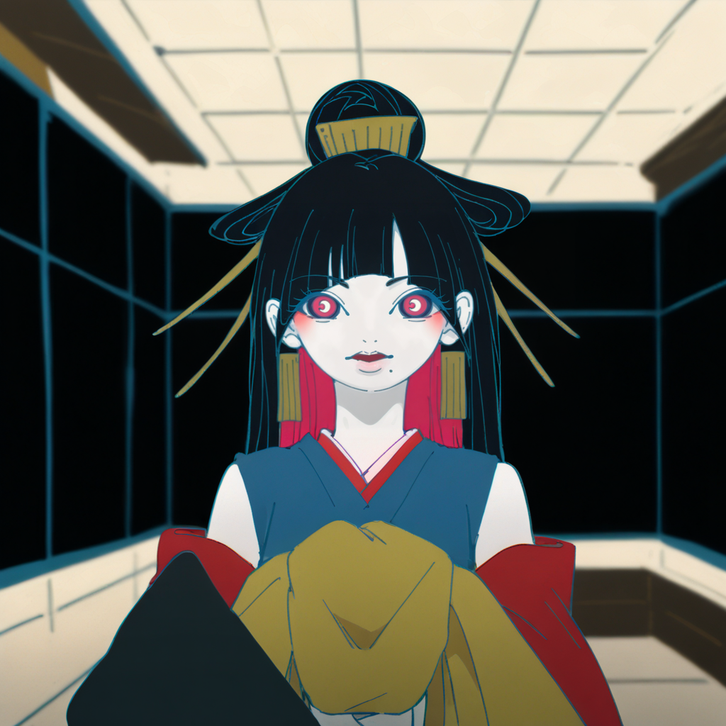 Long exposure photo of score_9, score_8_up, score_7_up, score_6_up, score_5_up BREAK t1u5, 1girl, mole under mouth, colored sclera, pink eyes, symbol-shaped pupils, long hair, black hair, blue kimono, sleeveless, earrings, hair stick, hime cut, sidelocks, hair ornament, colored inner hair, yellow obi, red sleeves, detached sleeves, cowboy shot, pale skin, looking at viewer, solo, <lora:tukiGirlPDXL16v0.95cametx1:0.9>, Blurred motion, streaks of light, surreal, dreamy, ghosting effect, highly detailed