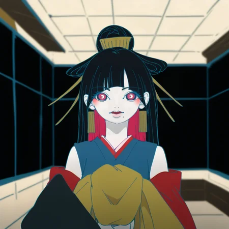 Long exposure photo of score_9, score_8_up, score_7_up, score_6_up, score_5_up BREAK t1u5, 1girl, mole under mouth, colored sclera, pink eyes, symbol-shaped pupils, long hair, black hair, blue kimono, sleeveless, earrings, hair stick, hime cut, sidelocks, hair ornament, colored inner hair, yellow obi, red sleeves, detached sleeves, cowboy shot, pale skin, looking at viewer, solo, <lora:tukiGirlPDXL16v0.95cametx1:0.9>, Blurred motion, streaks of light, surreal, dreamy, ghosting effect, highly detailed