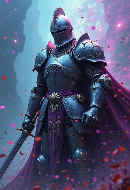 high quality, highly detailed, colorful, abstract, fantasy, fantasy background, The image is a realistic photo of a knight in full armor, holding a sword in his right hand. The knight is standing in a battle-ready stance, with his left arm extended forward and his right arm bent at the elbow. He is wearing a helmet with a pointed tip and a shield on his head. The armor is made up of multiple layers of metal, with intricate patterns and designs. The background is filled with splashes of blue and purple, creating a chaotic and dynamic scene. The overall mood of the image is intense and powerful., made out of black diamonds, black diamonds<lora:FLUX\Enhancer\MysticFantasy.safetensors:0.8:0.8> <lora:FLUX\Enhancer\flux_vividizer.safetensors:0.8:0.8> <lora:FLUX\Style\PinkieBlckDmndsFLUX.safetensors:0.6:0.6>