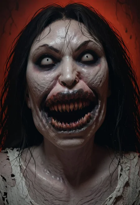 score_9, score_8_up, score_7_up, score_6_up, source_real, source_photo, a 3/4 three-quarters length portrait, WitcherToxinV1 , heavytoxin, veins, black veins, veins, very large veiny breasts, 1girl, deadite woman , female deep one, valak, deep cleavage, source_real, source_photo, a possessed woman, bloodless lips, valak, Body horror, pale body, blank blind eyes, long black hair, grey skin, black veins, monster, scary, paranormal, pale, black veins, long tangled black hair, teeth, hands on hips, front view, very pale skin,
Tattered black victorian dress, tattered black old-fashioned peasant dress
uglified face,
uglified body,
uglified breasts,
grime
sagging breasts,
pregnant
very pale grimy filthy skin, evil smile, demonic possession. Evil smile, a possessed woman,, blank blind eyes, large breasts, hands by side, floating in mid-air, floating above ground, no pupils, red lighting, bedroom with peeling wallpaper, horror, scary face, monstrous, evil, claws, red lighting, Expressiveh, g0thicPXL,, neon,, zPDXL2, exorcist style
