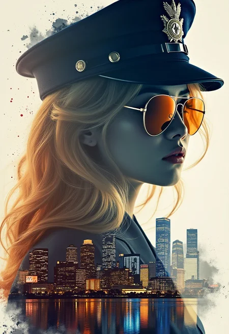 Silhouette Art, magnificent, inksplash double exposure, crisp lines, Osaka cityscape below and to side of closeup portrait of stunning japanese policewoman, blonde loose hair, mirrorred aviator sunglasses, police cap, directional lighting
