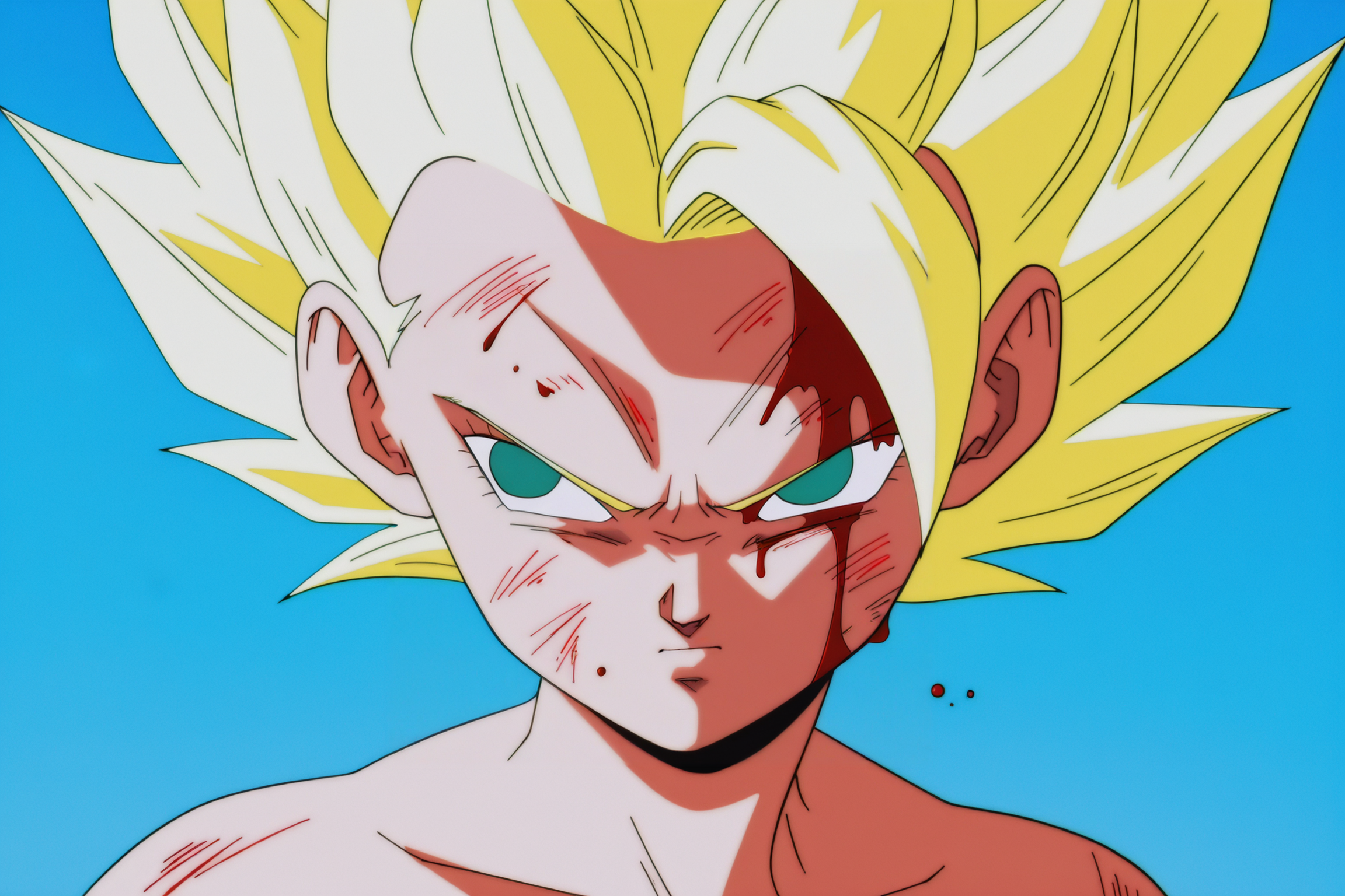 anime screencap, absurdres, high quality, 
caulifla, super saiyan 2, 1990s \(style\), anime coloring, retro artstyle, floating hair, 1girl, solo, blonde hair, green eyes, blood, sky, blood on face, blue sky, spiked hair, close-up, serious, injury, bruise, super saiyan, dirty face, bruise on face, v-shaped eyes, v-shaped eyebrows, looking to the side
 <lora:Caulifla_iL:0.8>