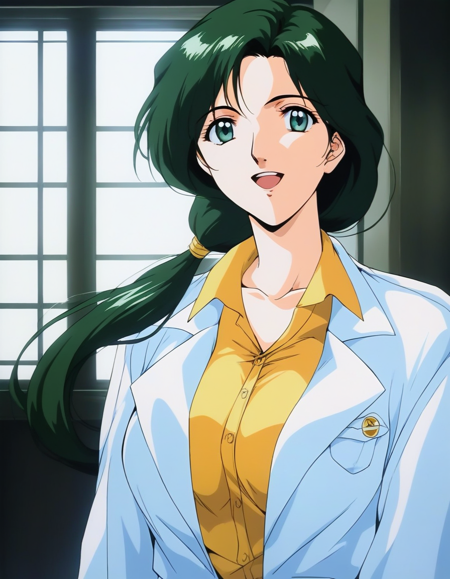 score_9, score_8_up, score_7_up, source_anime, rating_explicit, BREAK <lora:Sakurai_Sensei_XL:1>Sakurai_Sensei, dark green hair, long hair, green eyes,  large breasts, 
ponytail, lips,1990s (style), anime coloring, 
 1girl, solo,  open mouth, looking at viewer, window, labcoat, shirt, collarbone, upper body, indoors, blue eyes, hair over shoulder, parody, parted lips, portrait, Yellow sleeve,
long pants, smile,
 collared shirt, 
Japanese room.