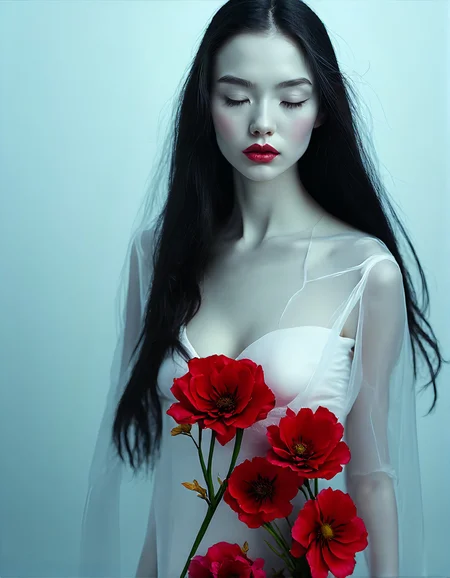 A professional (fashion photo photography:1.2),a (studio portrait:1.2),showing (surrealistic style:1.1)Hyper-realistic photo of a professional model with pale skin posing for a fashion photoshoot.(Eyes are closed) She is entirely wrapped in transparent film,with tons of flowers under the film covering her skin. The shot is a mid-body shot., symmetry and balance,<lora:add-detail-xl:1>,<lora:MJ52:0.5>,artistic photorealism , smooth, great masterwork by Suiras <lora:add-detail-xl:2> <lora:Double_Exposure:0.5>(electricblue and unique colors:0.1), (Dark Fantasy Aesthetic:1.2), (Glamour:1.3) escher, by m.c.escher, long hair, 18 years old,( petite body:1.3), girl, low-key, dark, chiaroscuro, vampire girl, pale skin, white skin, cute face,( contrastive red:1.3),,(Ashen skin:1.3), (flawless skin:1.3), (shiny skin), diaphanous white dress, high neckline on dress, (foggy:1.4), (bathed in thick fog:1.4), (half-obscured:1.3), (Close up:1.2), Dutch Angle), (dynamic composition:1.2), (shallow depth of field:1.2), bright lighting vibrant, in the style of (Ansel Adams:1.3) (Rule of thirds:1.1) Show less,award winning photo,(dream-like quality:1.2),, detailxl, ZM_tracy, embedding:civit_nsfw, 1girl, perfectly flat chest, tiny perky tits