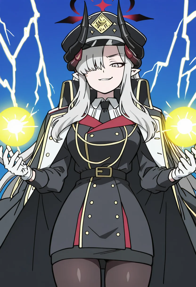 masterpiece, best quality, solo, curvy, beautiful eyes, narrow waist, wide hips, 1girl, solo, smile, looking at viewer, zzMakoto, horns, long hair, grey hair, demon horns, black horns, halo, multiple horns, pointy ears, grey eyes, black coat, black headwear, black necktie, coat on shoulders, collared shirt, long sleeves, military uniform, white gloves, black belt, white shirt, black pantyhose, black jacket, black skirt, <lora:HanumaMakotoBlueArchive_IXL_v1:1.0>, ,vivid aura, looking at viewer, blue background, smug, aura, super saiyan, charging energy, energy ball, energy, lightning, <lora:DBSBroly_Style_IXL_v2:0.6>,