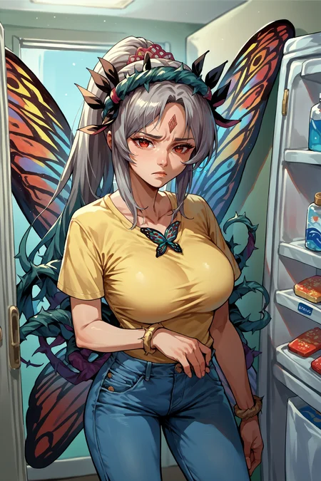 score_9, score_8_up, score_7_up, score_6_up, source_anime, 1girl, solo,  <lora:feplumeria-pdxl-nvwls-v1-000005:1> defPlu, grey hair, ponytail, red eyes, forehead mark, hairband, tiara, thorns, butterfly wings, yellow t-shirt, jeans, apartment, refrigerator, large breasts, looking at you, tired