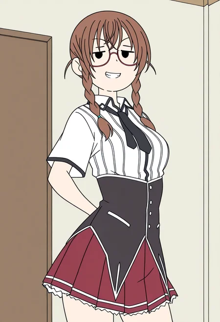 <lora:Aika_Kiryuu:1>
<lora:Juukyuu_Style:1>
1girl, aika kiryuu, brown hair, glasses, long hair, twin braids,
solo,
school uniform, kuoh academy uniform, white shirt, collared shirt, striped clothes, striped shirt, corset,
necktie, short sleeves,
medium breasts, tight clothes,
red skirt, pleated skirt,
open mouth, smile, looking at viewer, :d, jitome, clenched teeth, seductive smile,
masterpiece, flat colors