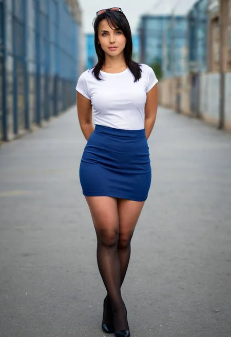 she, white t-shirt, long straight black hair, blue tight skirt, stockings, random exellent background, Vibrant colors, Excellent clarity, Balanced composition, Proper exposure, tilt shift, pleasing color, clear balance, cinematic, complex, stunning, beautiful, confident, glowing, attractive, creative, fine focus, successful, artistic, extremely detailed, determined,masterpiece, best quality,detailed face,high detailed skin, detailed eyes,