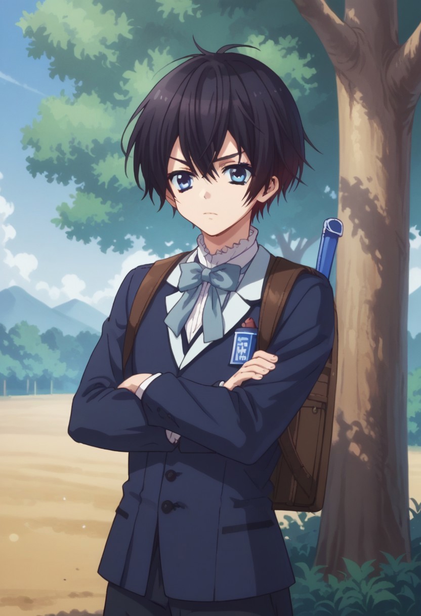 score_9, score_8_up, score_7_up, source_anime, highly detailed, 
kazuo, solo, blue eyes, school uniform, bowtie, 1boy, male focus, black hair, shorts, bag, crossed arms, upper body, short hair, backpack, 
outdoor, blue sky, tree