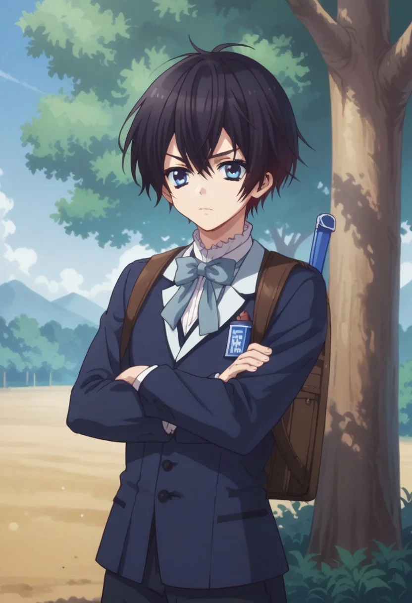 score_9, score_8_up, score_7_up, source_anime, highly detailed,
kazuo, solo, blue eyes, school uniform, bowtie, 1boy, male focus, black hair, shorts, bag, crossed arms, upper body, short hair, backpack,
outdoor, blue sky, tree