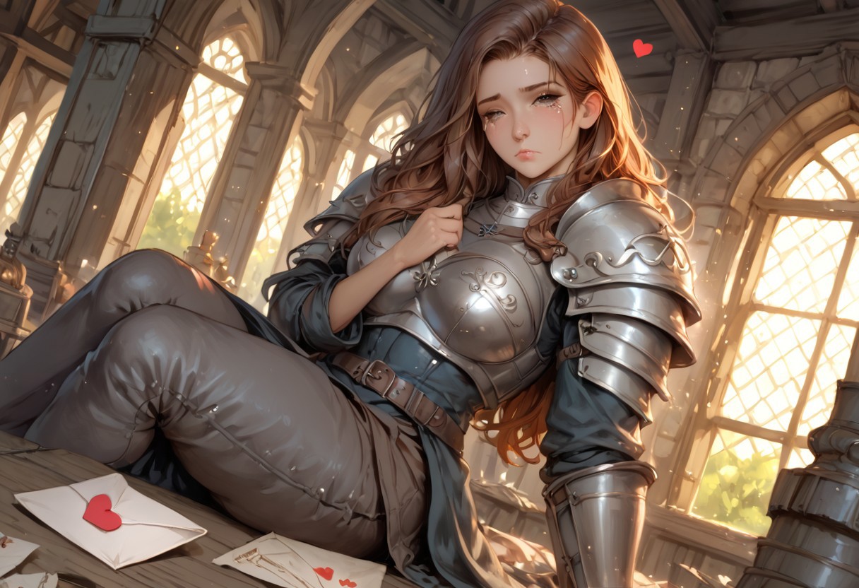 score_9, score_8_up. score_7_up, censored, 
csr style, morimee_style, mythp0rt,
<lora:add-detail-xl:1>, <lora:DetailedEyes_v3:1>,
hdr, hd, hyper realistic, detailed background, 
background is a misty, medieval landscape,
create a romantic and dramatic atmospheric image,
1boy, 1girl, full body, detailed skin, realistic skin, detailed skin pore, skin texture style,
love letter, letter, letter with red heart,
girl, mature girl, adult girl, medieval girl, girl on knees, medieval clothes, cute face, girl wears a simple yet stylish outfit, simple fitted off-white linen shirt tucked into high-waisted, dark brown trousers, leather belt,poor girl, girl crying face, girl crying, sad face, love, broken heart, red hearts,
boy, adult boy, male, knight’s armor is intricately detailed, armor with polished steel reflecting, boy back to the girl, boy going away, gleaming armor, standing back to a woman, knight, male in medieval armor, male with sword, field of war, knight in war,
interesting view, interesting angle,