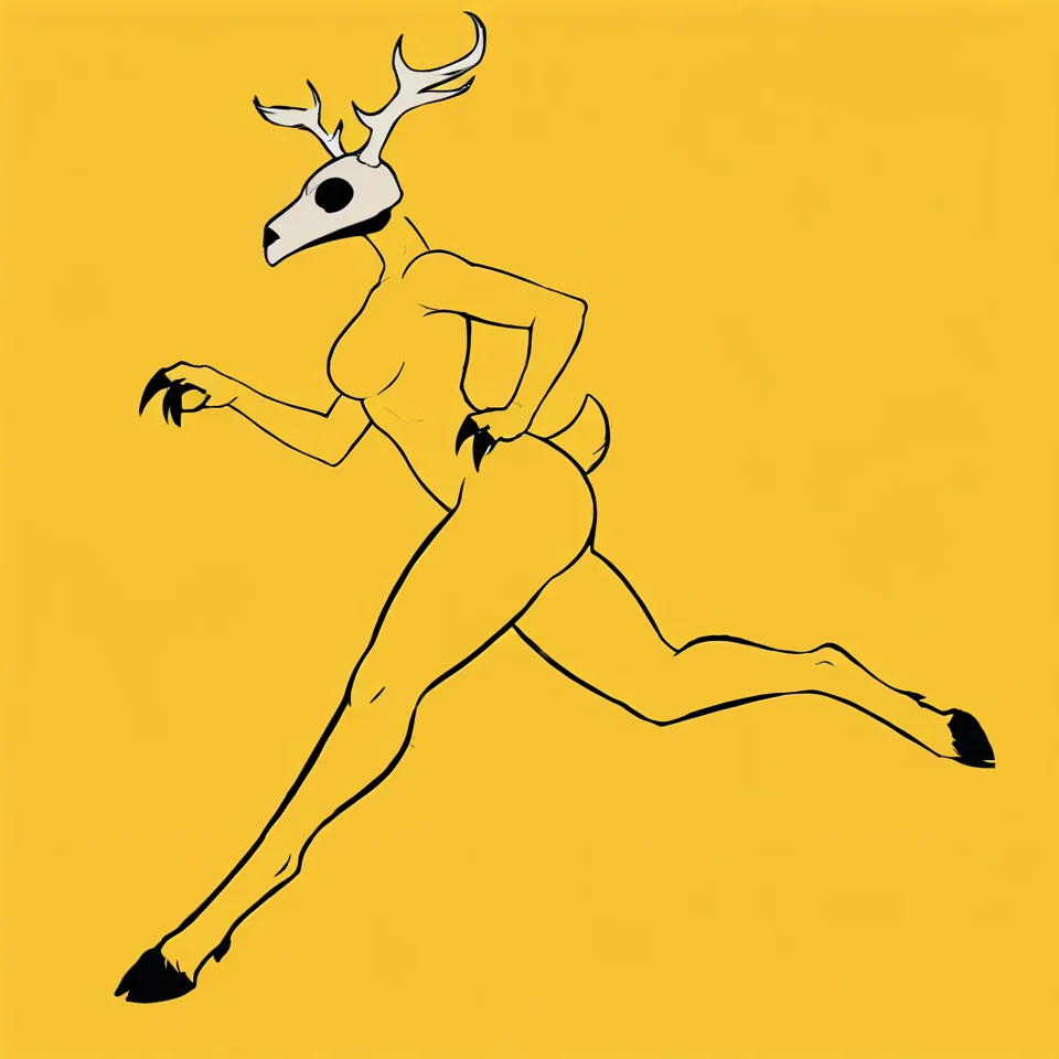 <lora:wrnsignPDXL:1> yellow background, black lineart, (yellow body:1.1), lineless, flat colors, score_7_up, score_6_up, score_5_up, score_4_up, side view, solo BREAK
anthro, wendigo, antlers, skull head, medium breasts, sharp claws, digitigrade, cloven hooves, running