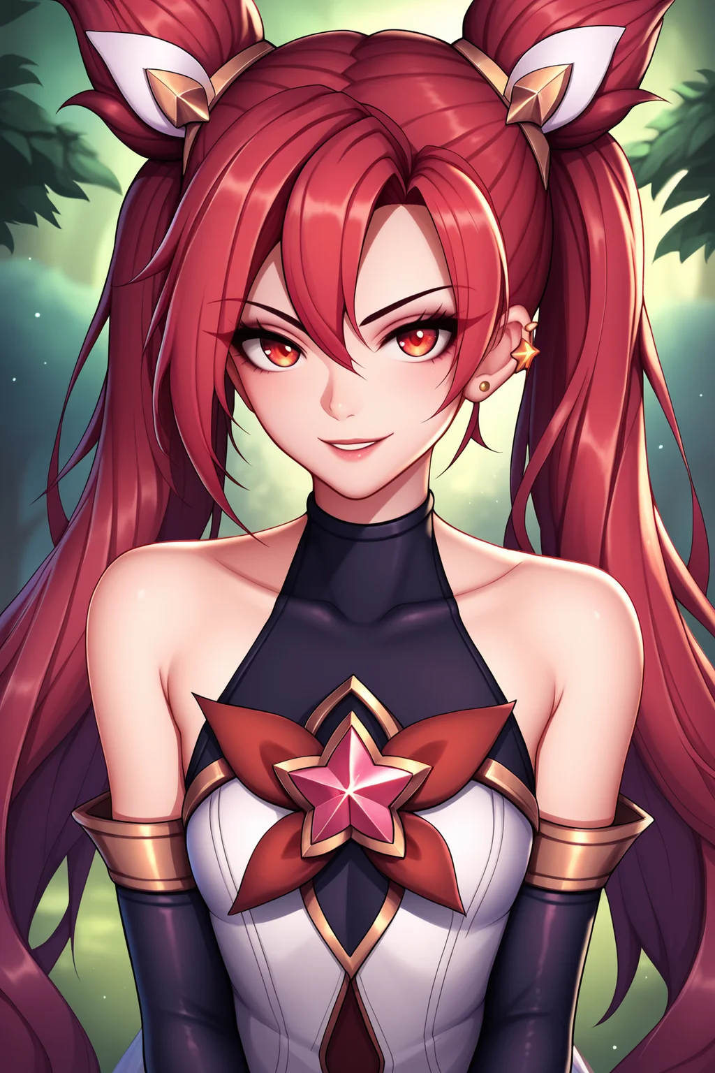 score_9, score_8_up, score_7_up, score_6_up, score_5_up, score_4_up, JinxSGLoLXL, star guardian (league of legends), red eyes, red hair, hair between eyes, twintails, cone hair bun, long hair, bangs, ear piercing, small breasts, bare shoulders, white dress, star (symbol), black elbow gloves, white elbow gloves, solo, front view, (portrait, upper body), solo focus, seductive smile, looking at viewer, forest, tree <lora:JinxSGLoLXL:0.8>