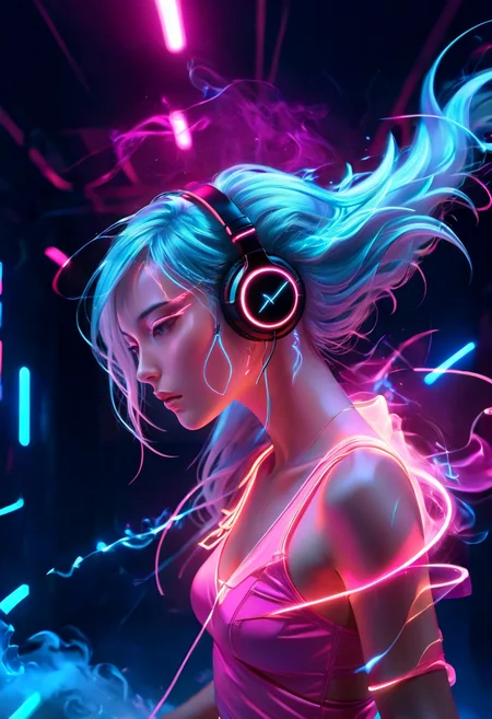 (masterpiece), (best quality), man dancing in a pink mini dress for women with long light blue hair, illuminated by soft neon lights, wearing elegant metallic headphones that shine in the dimly lit room filled with swirling smoke. The metallic material of his headphones reflects the futuristic environment, giving him an ethereal and captivating presence in the hazy atmosphere. <lora:glowneon_xl_v1:0.55> glowneon, glowing, sparks, lightning <lora:PE_NeonUV Style:0.55> PENeonUV, blacklight, neon <lora:retro-neon-style:0.55> retro_neon <lora:InkBlast:0.55> <lora:ral-neotlns-sdxl:0.55> ral-neotlns, masterful composition, dynamic volumetric lighting, ray_tracing, reflection,