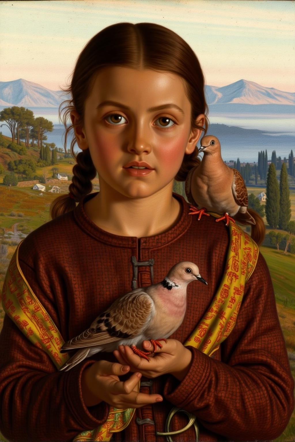 williamhhunt1 painting.
A child standing outdoors in a picturesque landscape. She has light brown hair styled in two braids and a serious expression. She wears a richly patterned garment with a deep red background and intricate gold accents. A pigeon is perched on her shoulder. <lora:williamhhunt1_cap_d6a3e9:1.0><lora:838042746452368946:0>