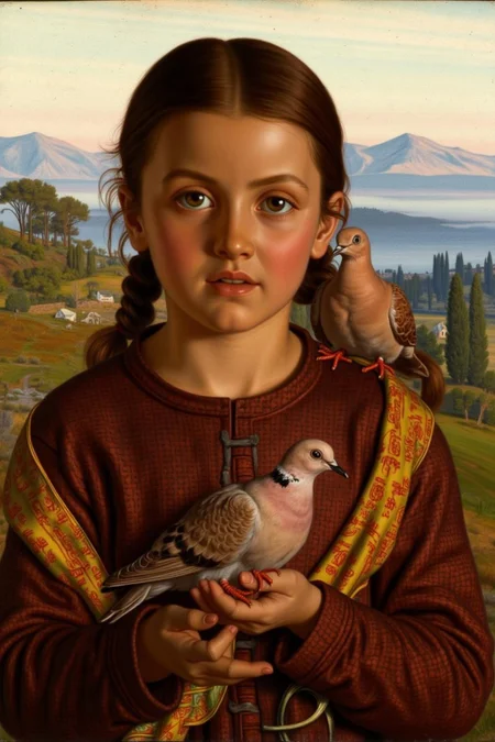 williamhhunt1 painting.
A child standing outdoors in a picturesque landscape. She has light brown hair styled in two braids and a serious expression. She wears a richly patterned garment with a deep red background and intricate gold accents. A pigeon is perched on her shoulder. <lora:williamhhunt1_cap_d6a3e9:1.0><lora:838042746452368946:0>