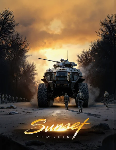 A digital illustration shoot from a front camera angle about a futuristic armored vehicle driving through a desert landscape during sunset. the scene is set in a post-apocalyptic world, with a large, armored vehicle in the foreground and two soldiers walking towards it. the vehicle has a turret and a gun mounted on top, and the soldiers are silhouetted against the warm, golden light of the setting sun. on the left side of the image, a group of soldiers can be seen walking towards the vehicle, while on the right side, another soldier is seen in the distance. the background features a dense, smoky landscape with trees and a distant, distant cityscape. the image also features a dramatic, ethereal atmosphere, with shadows and light effects adding to the sense of movement and energy. the text "sunset" and "last light at the end of the day" are prominently displayed at the bottom of the poster, with the artist's signature in the bottom right corner.