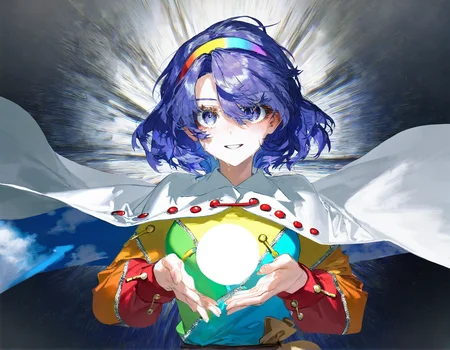 tenkyuu_chimata, 1girl ,rella, quasarcake:0.7, rolua, optical illusion, negative space,blue_hair, breasts, cape, hairband , looking_at_viewer ,multicolored_hairband, pantyhose, purple_eyes ,short_hair ,smile, solo, sweat ,white_cape, disc, holding disc,
<lora:illustrious_noobai_epsilon_pred_1_best_quality_v1:0.7> ,<lora:illustrious_noobai_epsilon_pred_1_masterpieces_v1:0.7>, <lora:ponyv4_noob1_2_adamW:0.5>, <lora:add_details_xl:0.7>,
masterpiece, best quality, amazing quality, very aesthetic, absurdres, newest, <lora:CDs_SDXL:1>
