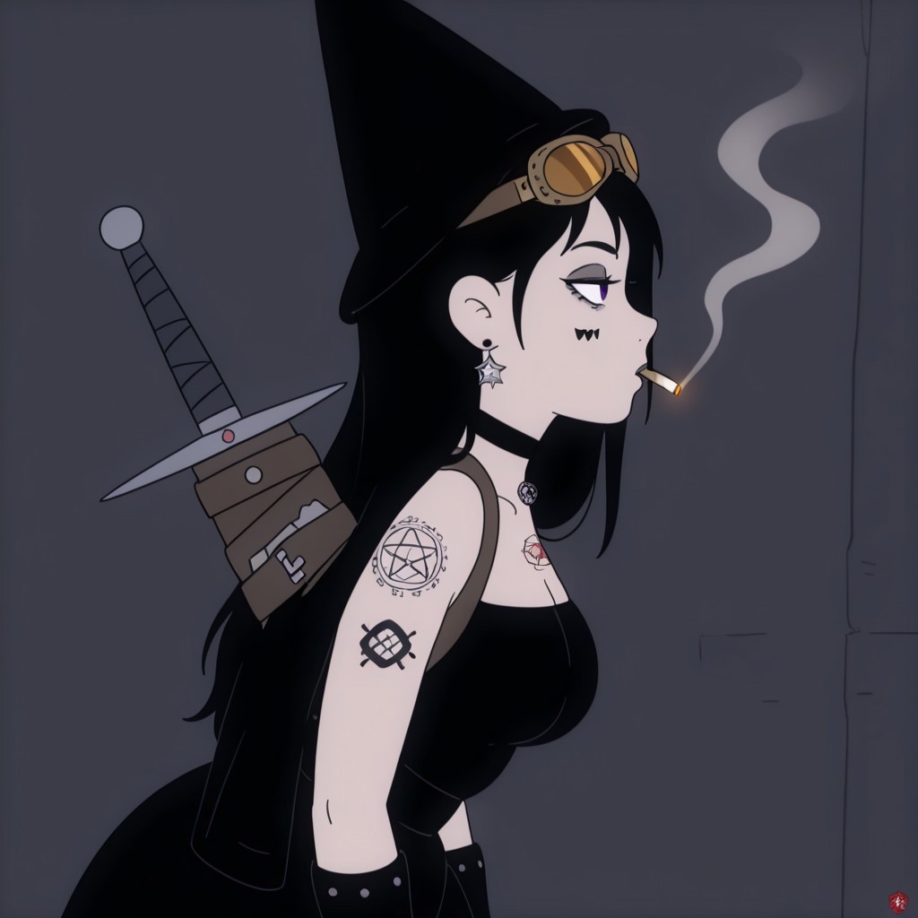 masterpiece, best quality, good quality, newest, very awa, 
1girl, hat, goggles, sword, tattoo, goth, side view, smoking, star earrings,