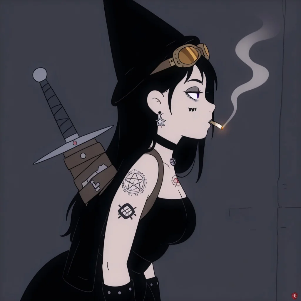 masterpiece, best quality, good quality, newest, very awa,
1girl, hat, goggles, sword, tattoo, goth, side view, smoking, star earrings,