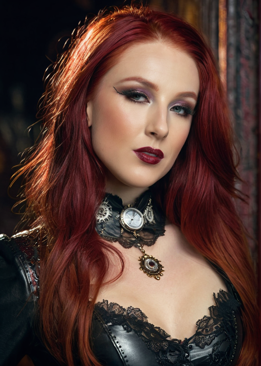 masterpiece, best quality, dark environment, (steampunk:1.5), a woman, long red hair, (dark-red latex with lace), turtleneck, long earrings, necklace, burlesque, sexy, (((portrait))), skin pores, 8K, extremely detailed, decorated clothing, dragon, bloodwave, dynamic, great lighting, perfect shading, depth of field, soft side light, very detailed glowing background, <lora:MS_DaniWoodward_V1_SDXL:0.8>, <lora:add-detail-xl:0.8>