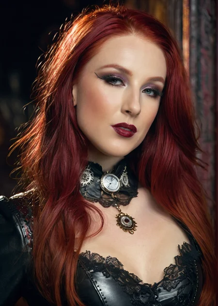 masterpiece, best quality, dark environment, (steampunk:1.5), a woman, long red hair, (dark-red latex with lace), turtleneck, long earrings, necklace, burlesque, sexy, (((portrait))), skin pores, 8K, extremely detailed, decorated clothing, dragon, bloodwave, dynamic, great lighting, perfect shading, depth of field, soft side light, very detailed glowing background, <lora:MS_DaniWoodward_V1_SDXL:0.8>, <lora:add-detail-xl:0.8>