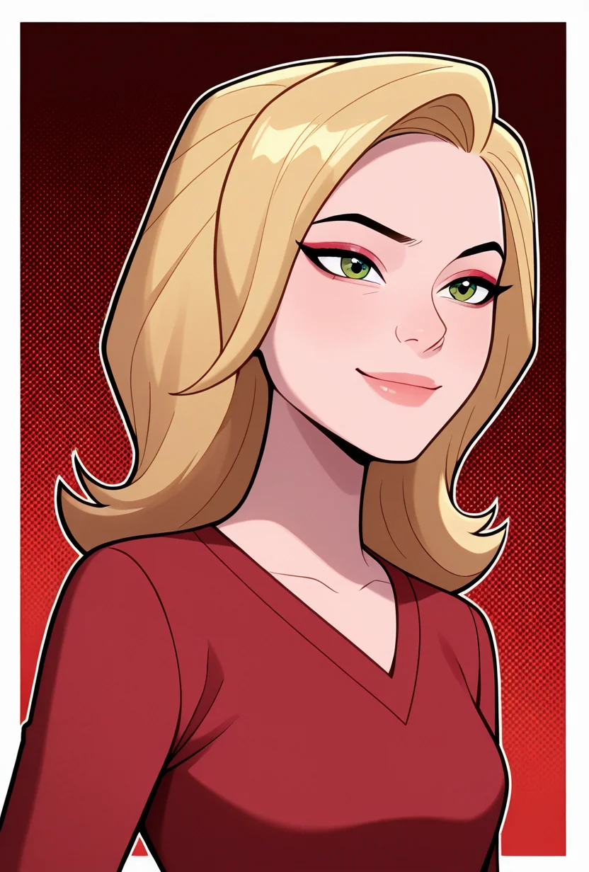 <lora:sandraten-06:1> sandraten, blonde hair, 1girl, green eyes, lips, red shirt, long sleeves, makeup, v-neck, red background, smile, upper body, halftone effect, white borders, abstract background:1.2,, masterpiece, best quality, amazing quality, very aesthetic, absurdres, newest,