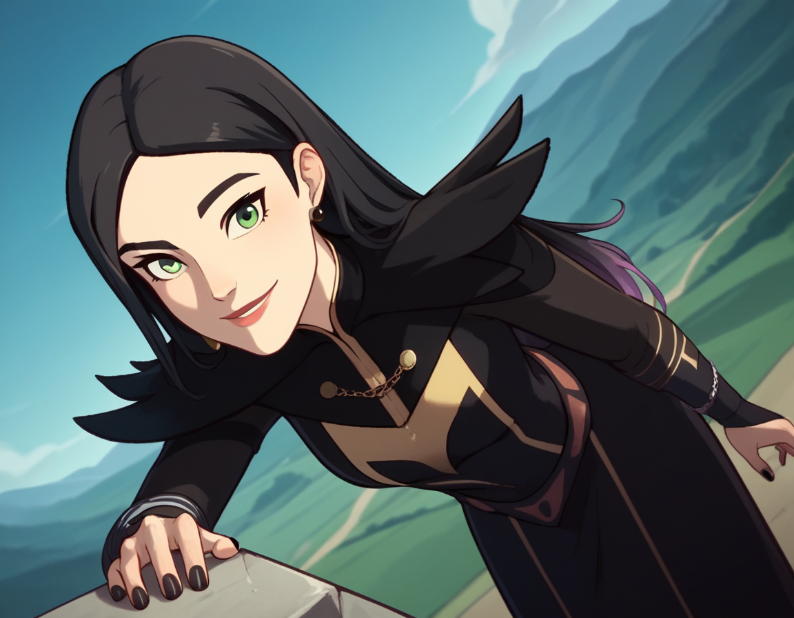 score_9, score_8_up, score_7_up, source_anime, <lora:dragon-prince-claudia-ponyxl-lora-nochekaiser:1>, claudia, long hair, black hair, green eyes, lips,, long sleeves, dress, jewelry, earrings, nail polish, black dress, black nails,, landscape, bent over, smile,, looking at viewer, solo, cowboy shot, dutch angle