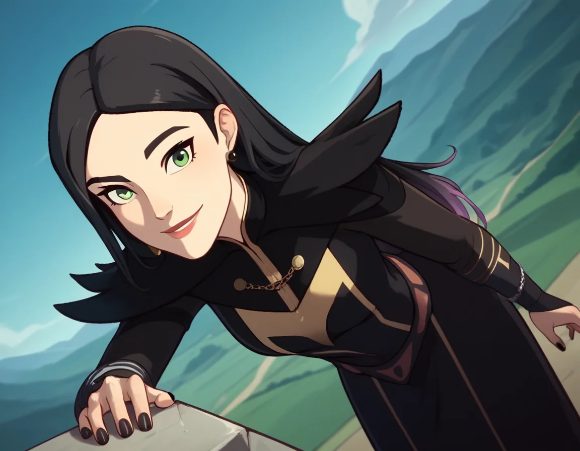 score_9, score_8_up, score_7_up, source_anime, <lora:dragon-prince-claudia-ponyxl-lora-nochekaiser:1>, claudia, long hair, black hair, green eyes, lips,, long sleeves, dress, jewelry, earrings, nail polish, black dress, black nails,, landscape, bent over, smile,, looking at viewer, solo, cowboy shot, dutch angle