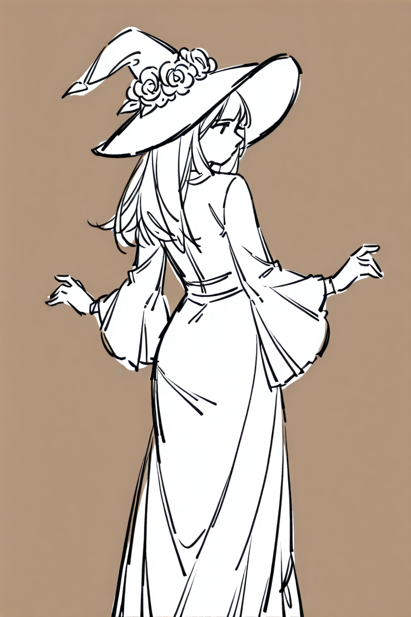 <lora:Sktchst_IL:1> sktchst, 1girl, solo, hat, witch hat, monochrome, long hair, flower, dress, brown background, from behind, sketch, simple background, hat flower, long sleeves, wide sleeves, witch, look back