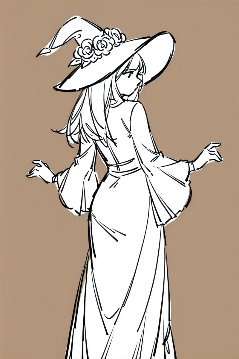 <lora:Sktchst_IL:1> sktchst, 1girl, solo, hat, witch hat, monochrome, long hair, flower, dress, brown background, from behind, sketch, simple background, hat flower, long sleeves, wide sleeves, witch, look back