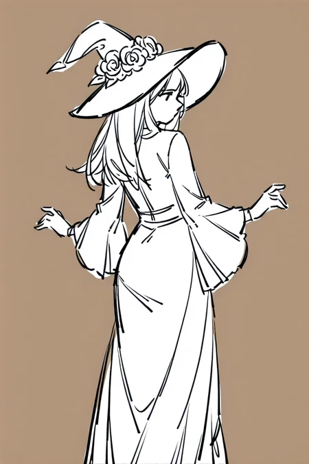 <lora:Sktchst_IL:1> sktchst, 1girl, solo, hat, witch hat, monochrome, long hair, flower, dress, brown background, from behind, sketch, simple background, hat flower, long sleeves, wide sleeves, witch, look back