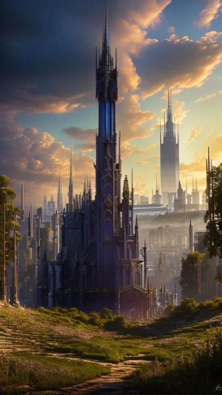 Stained glass style, 
Techwear fashion, 
Masterwork Painting, Magnum Opus, 
 <lora:Wizard_Tower:0.75> witow, castle, cloud, cloudy sky, grass, no humans, scenery, sky, tower, tree, 
<lora:Fantasy_Mountains:0.75> fanmou, footprints, forest, grass, nature, no humans, outdoors, sky ,
  highres, 8k, uhd, High Dynamic Range, tonemapping, crisp details,  intricate details, fine details,
. Futuristic, cyberpunk, urban, tactical, sleek, dark, highly detailed,
. Vibrant, beautiful, translucent, intricate, detailed