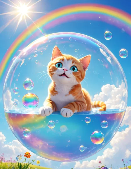 pixar style, lots of bubble floating into the sky, a cat resting inside the bubble, blue sky, levitation, cute, rainbow, lens flare,