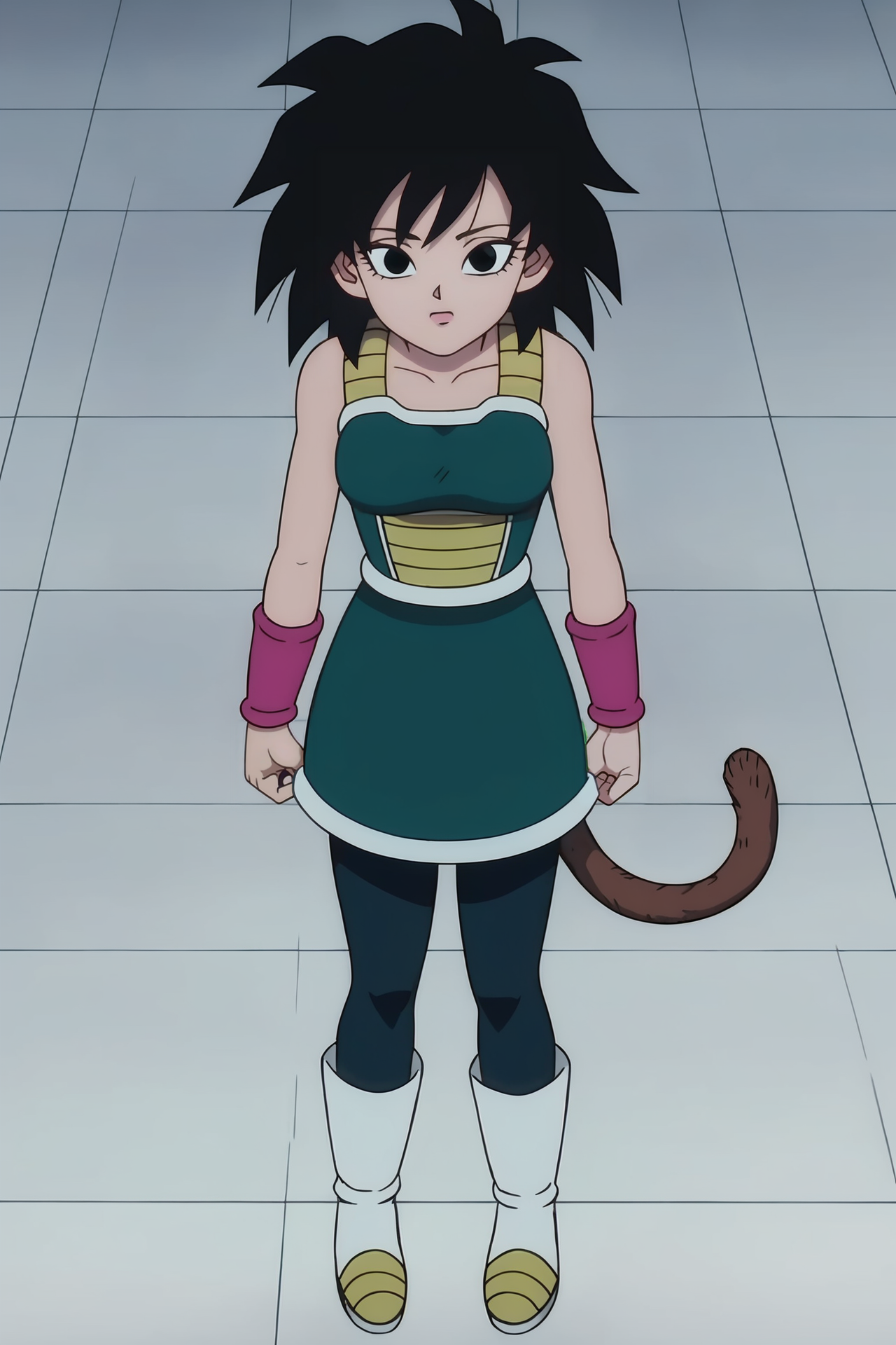 source_anime, score_9, score_8_up, score_7_up, anime screencap, absurd res, official style,
gine, black hair, medium hair, spiked hair, black eyes, monkey tail, looking at viewer,  from above, 
green saiyan armor, white trim, green skirt, pantyhose, black legwear, pink wristband, white boots, two tone footwear,
<lora:gine_pony_v4:0.8>