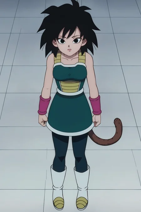 source_anime, score_9, score_8_up, score_7_up, anime screencap, absurd res, official style,
gine, black hair, medium hair, spiked hair, black eyes, monkey tail, looking at viewer, from above,
green saiyan armor, white trim, green skirt, pantyhose, black legwear, pink wristband, white boots, two tone footwear,
<lora:gine_pony_v4:0.8>