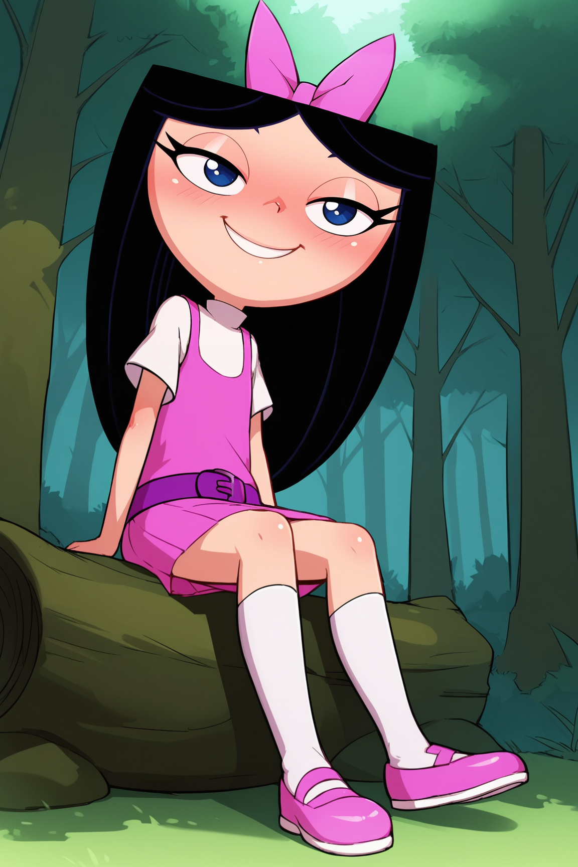 score_9, score_8_up, score_7_up, score_6_up, BREAK, IsabellaPFPXL, blue eyes, black hair, long hair, hair bow, pink bow, flat chest, white shirt, pink dress, purple belt, pink skirt, white socks, pink shoes, solo, full body, sitting, ((bellow view)), seductive smile, looking at viewer, naughty face, nose blush, forest, tree <lora:IsabellaPFPXL:1>
