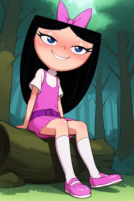 score_9, score_8_up, score_7_up, score_6_up, BREAK, IsabellaPFPXL, blue eyes, black hair, long hair, hair bow, pink bow, flat chest, white shirt, pink dress, purple belt, pink skirt, white socks, pink shoes, solo, full body, sitting, ((bellow view)), seductive smile, looking at viewer, naughty face, nose blush, forest, tree <lora:IsabellaPFPXL:1>