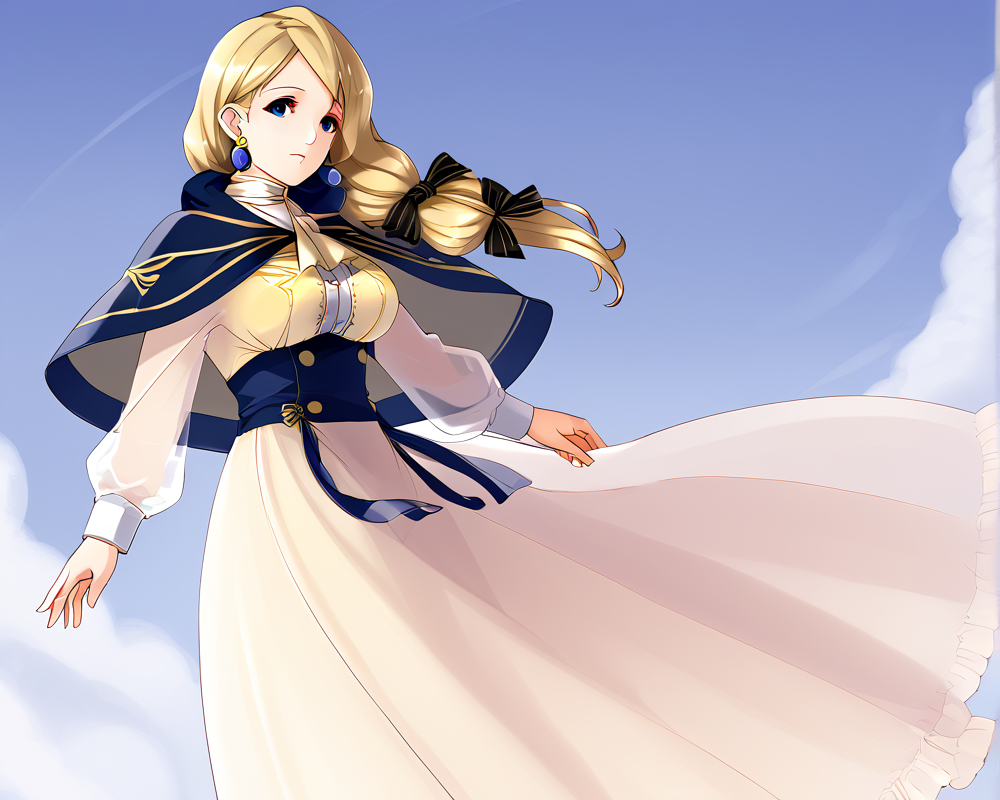 <lora:GustavTelomereNAstyle_ForPony:1>1girl,  <lora:mercedes-pdxl-nvwls-v1:0.75>1girl, solo, low-tied long hair, breasts, earrings, long dress, hair bow, capelet, see-through, defmercie