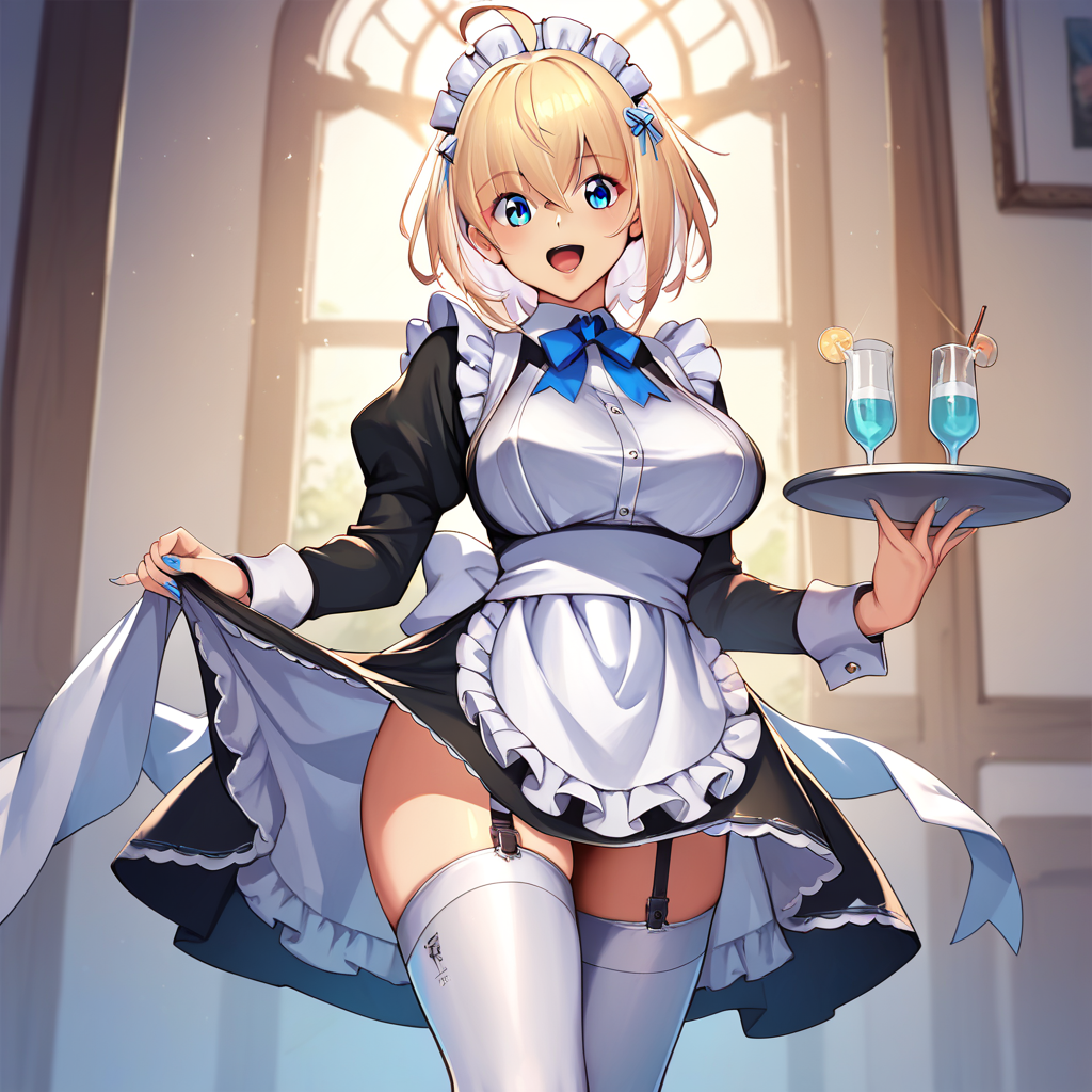 1girl, solo, sophia-f-shirring, 1girl, blonde hair, breasts, solo, blue eyes, maid, apron, maid headdress, looking at viewer, ahoge, thighhighs, smile, tray, dress, open mouth, long sleeves <lora:Sophia_F_Shirring:1>, score_9, score_8_up, score_7_up, score_6_up, source_anime,