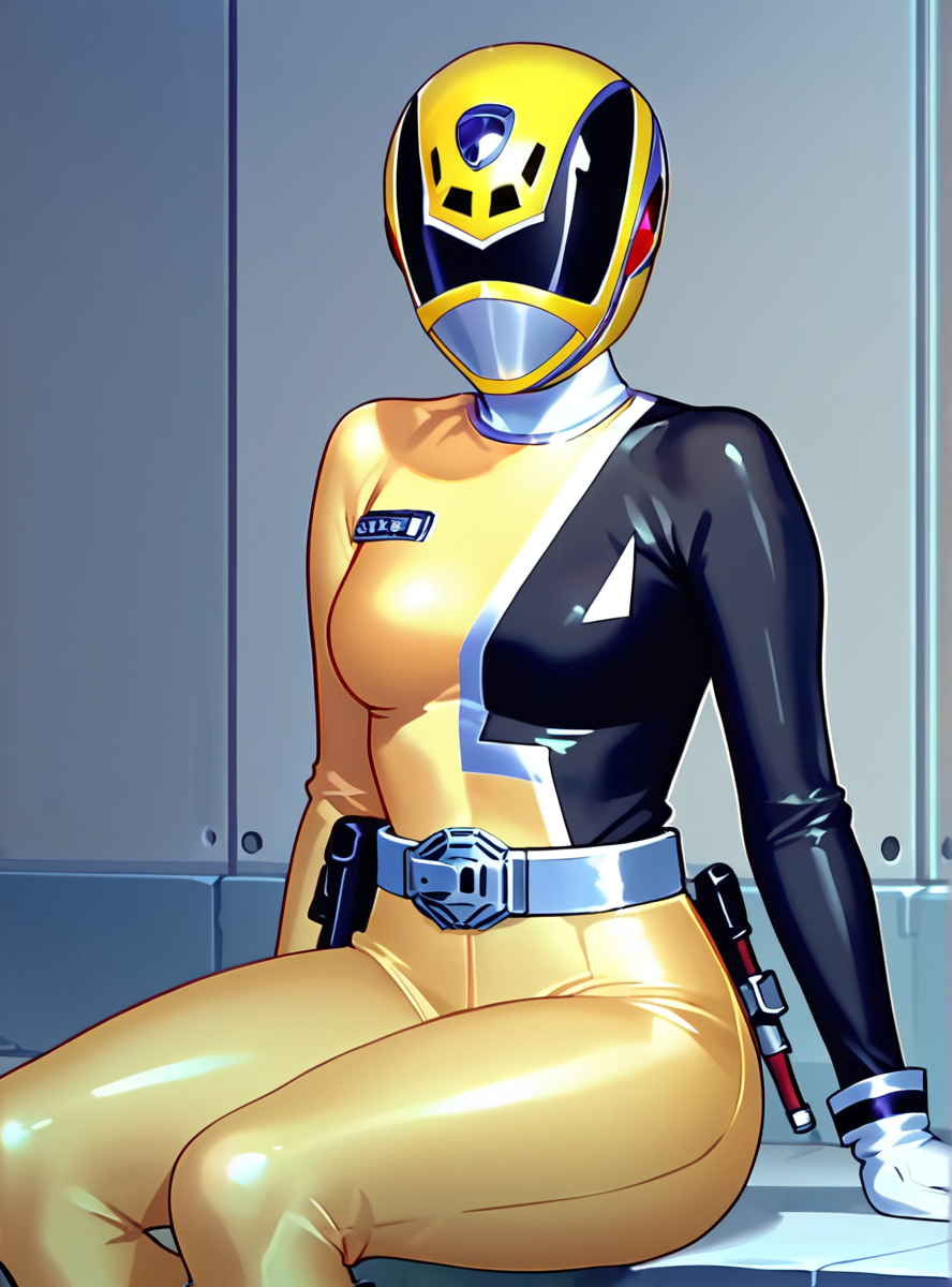 score_9, score_8_up, score_7_up, score_6_up,source_anime, anime screencap, <lora:DekaYellow:1>dekayellow, solo, 1girl, helmet, belt, bodysuit, gloves, yellow bodysuit, white gloves, skin tight indoors , mask thick thighs,  sitting